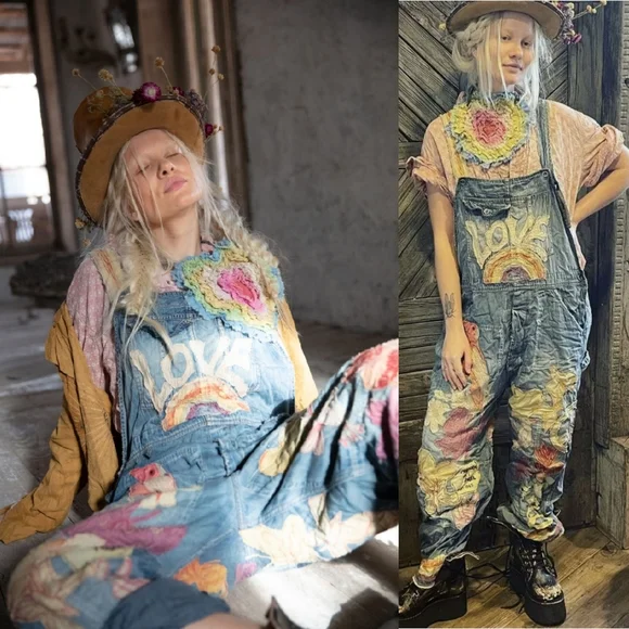 New Magnolia Pearl Love Applique Overalls Woodstock 032 Overall Denim Jeans jean - Picture 3 of 17